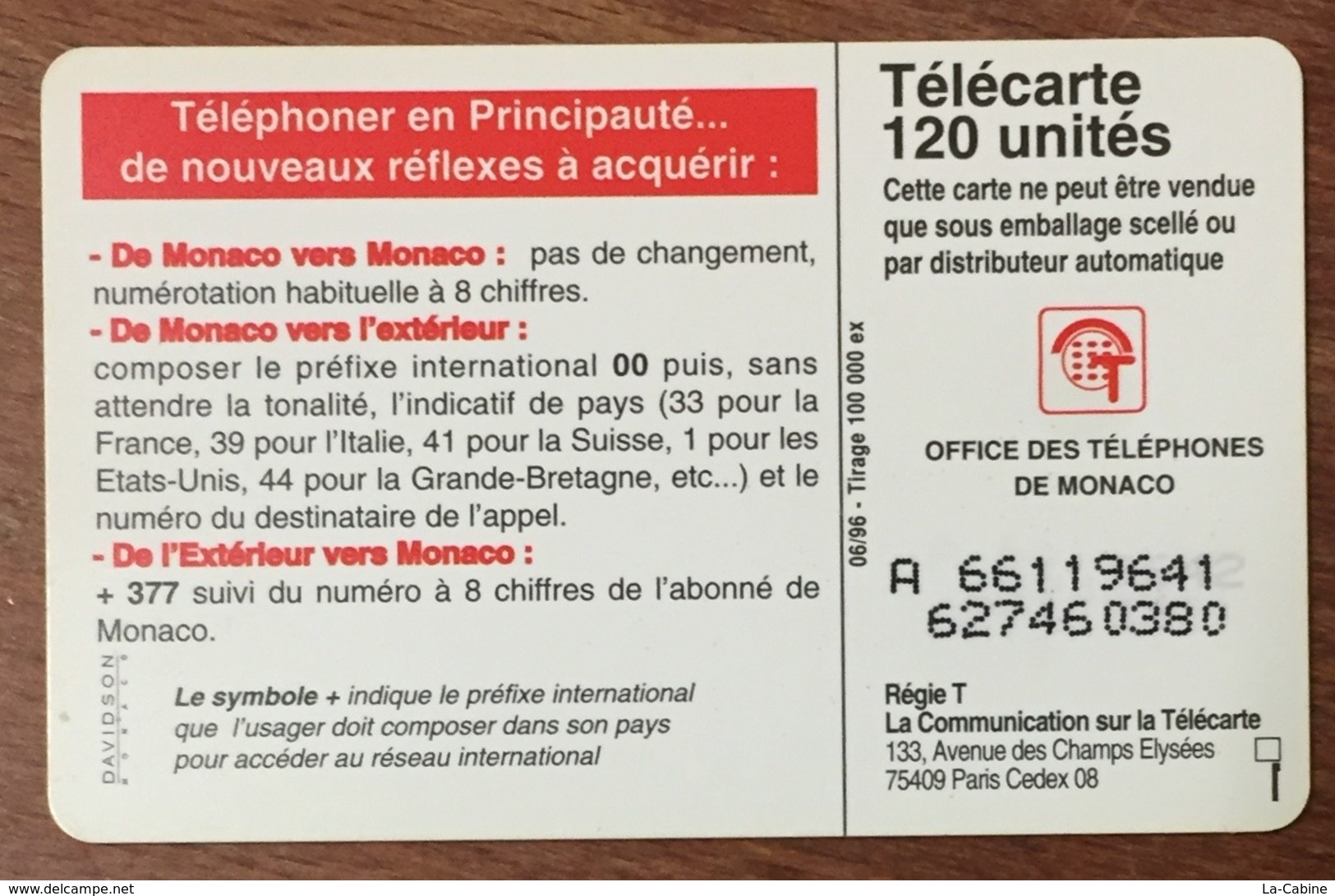 MONACO 377 CHANGEMENT DE NUMÉROTATION TELECARTE RÉF PHONECOTE MF41 PHONECARD - Monaco