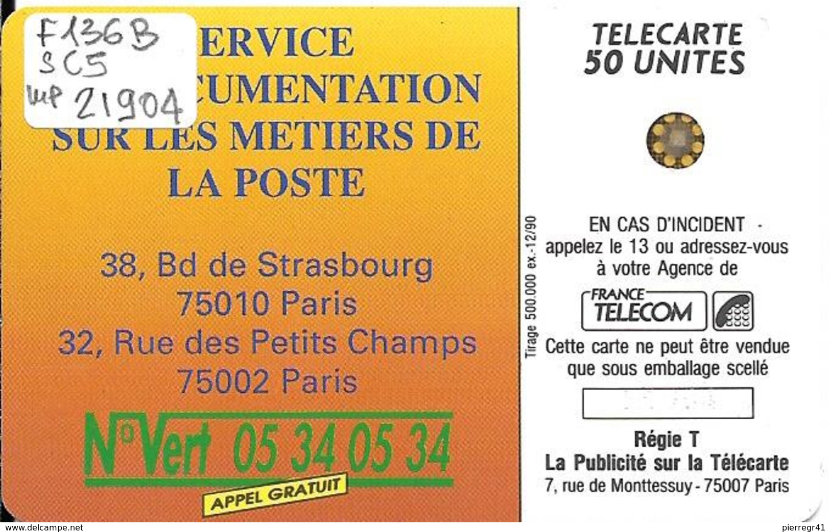 CARTE-PUBLIC-F136 B.550-50U-SC5an-Trou 6-12/90-LA POSTE-N° Série-5 Impacts-21904-Utilisé-TBE - 1990