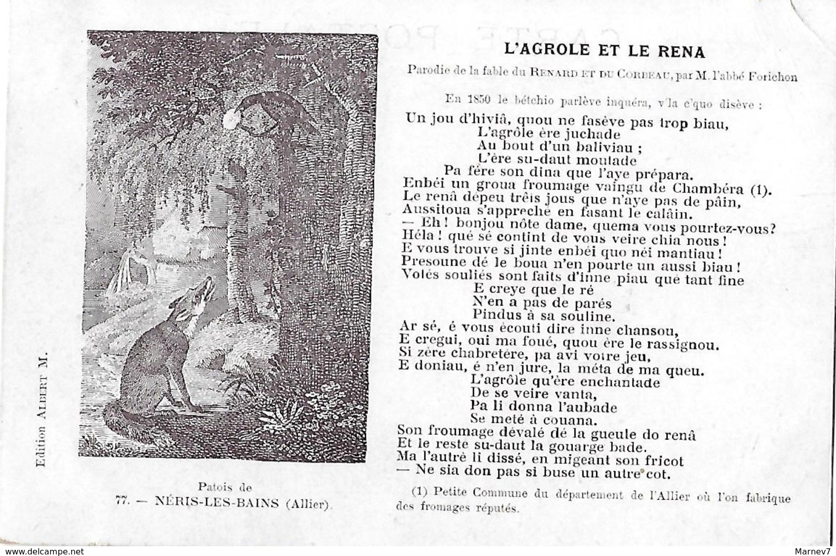 ALLIER - NERIS Les BAINS - L'AGROLE Et Le RENA - Parodie Renard Corbeau - Abbé Forichon - Patois - Neris Les Bains