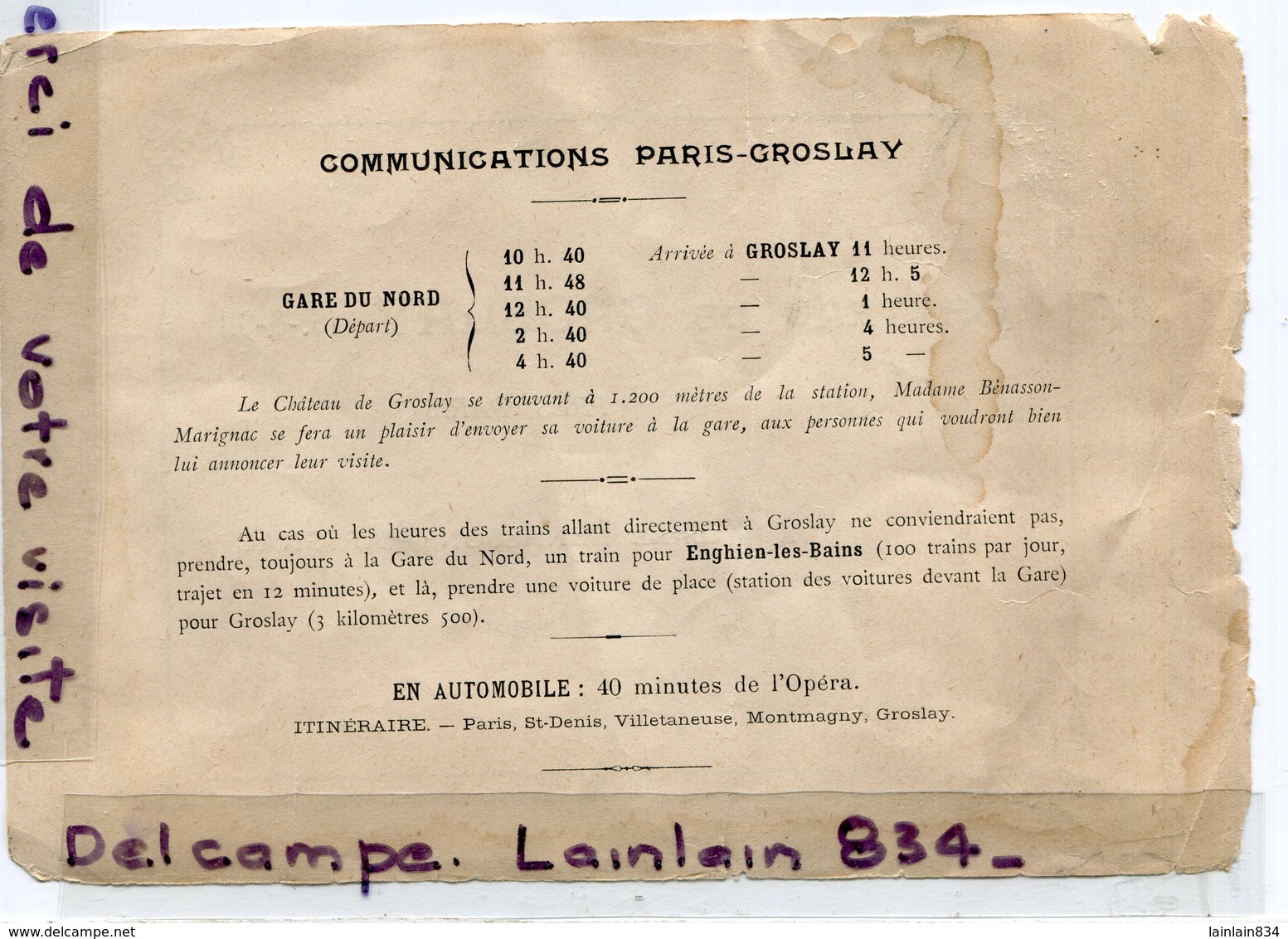 - Horaire Du  Train - Ligne Paris ( Gare Du Nord ) - Groslay, Pour Le Chateau, Voir Détails,  Scans.. - Europa