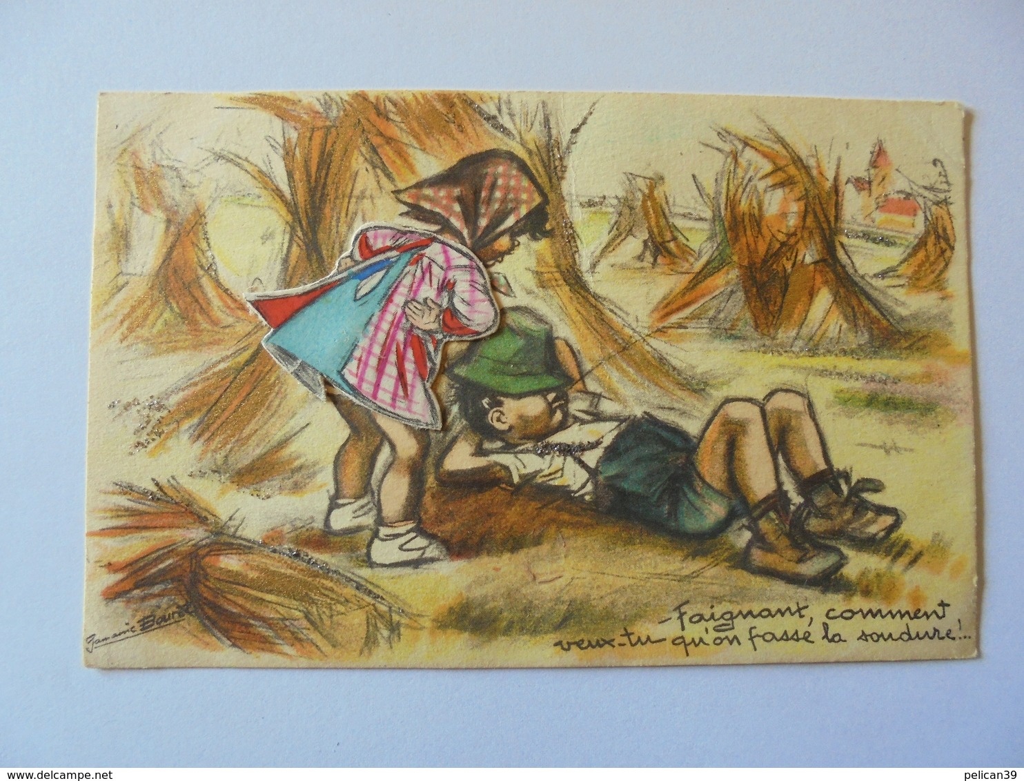Cpa Carte Système Paillettes Tissus Enfants Illustrateur Germaine Bouret Authentique 1945 - Bouret, Germaine