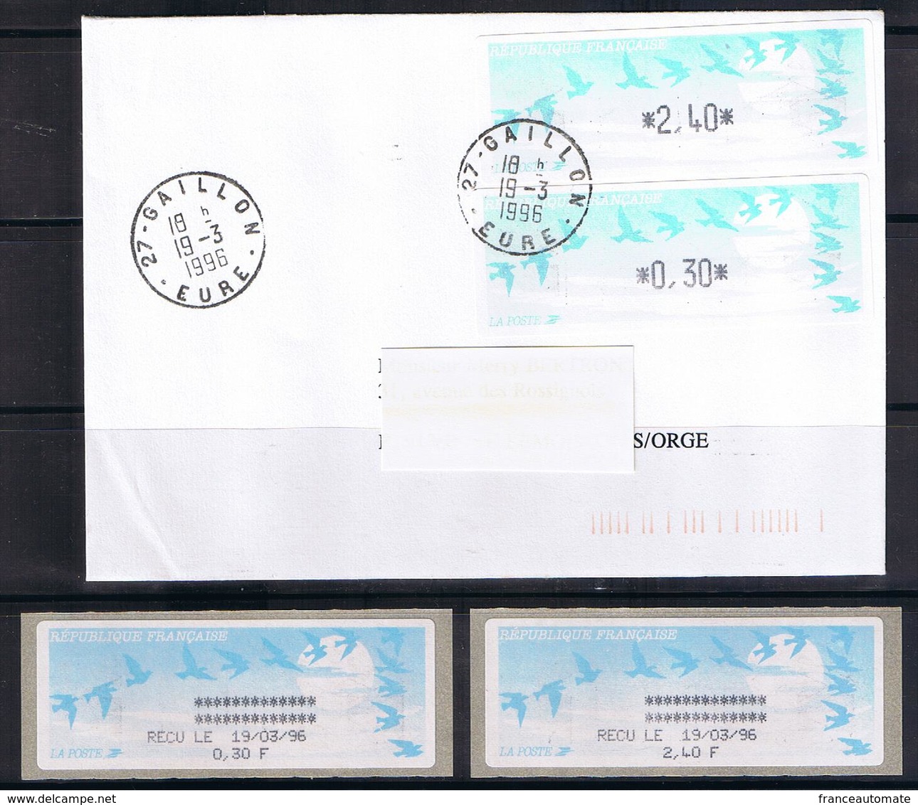 ATMs, LISA1, ENCRE NOIRE, PAPIER JUBERT Turquoise 2.40 + 0.30 Et E 2.70 Aux Nouveaux Tarifs Du 18/03/1996. GAILLON, Eure - 1990 « Oiseaux De Jubert »