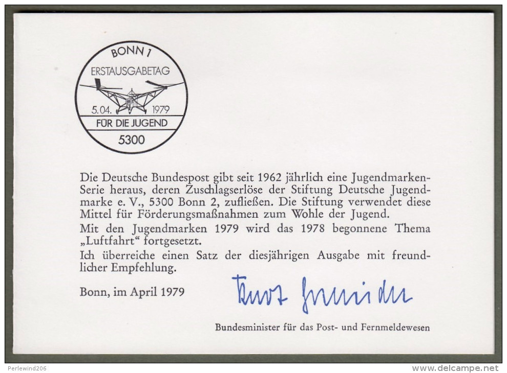 Bund: Minister Card - Ministerkarte Typ V, Mi-Nr 1005-08 + B 592-95 ESST: „ Jugend 1979: Luftfahrt ", Rar !      X - Lettres & Documents