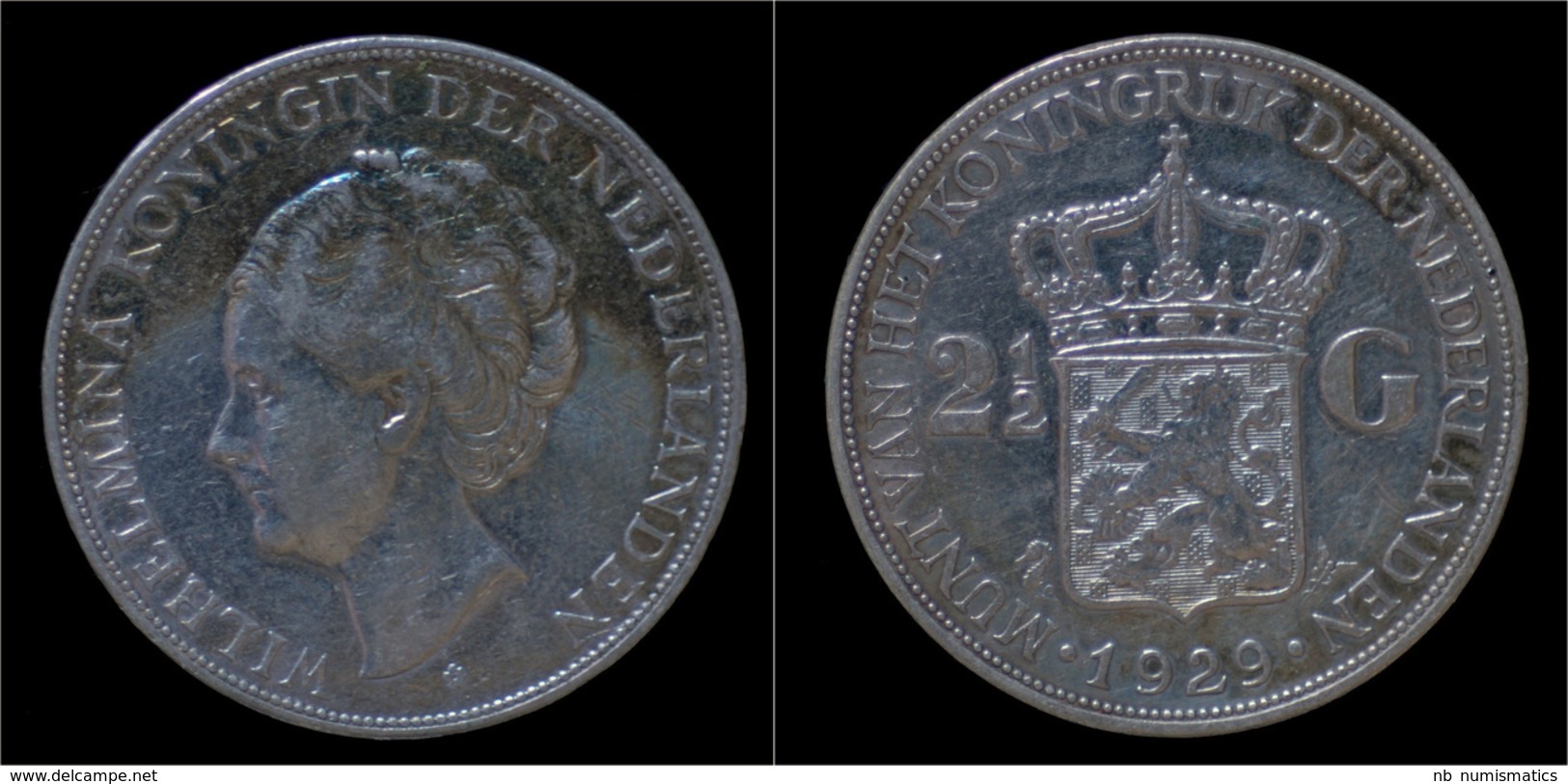Netherlands Wilhelmina I 2 1/2 Gulden(rijksdaalder)1929 - 2 1/2 Florín Holandés (Gulden)