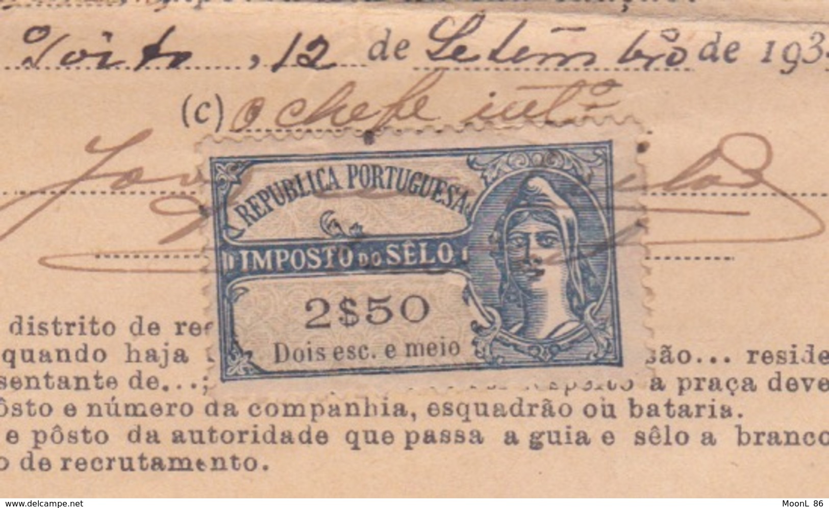 1932 - TIMBRE FISCAL DE SCEAU SUR DOCUMENT DU MINISTERE DE LA GUERRE - REPUBLICA PORTUGUESA - Lettres & Documents