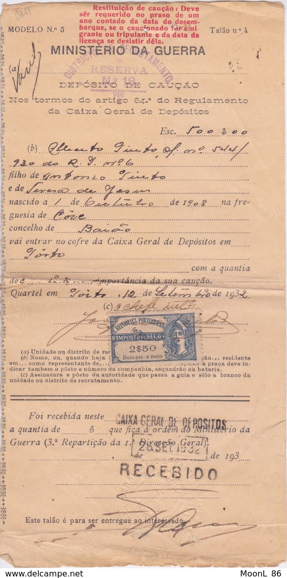 1932 - TIMBRE FISCAL DE SCEAU SUR DOCUMENT DU MINISTERE DE LA GUERRE - REPUBLICA PORTUGUESA - Storia Postale