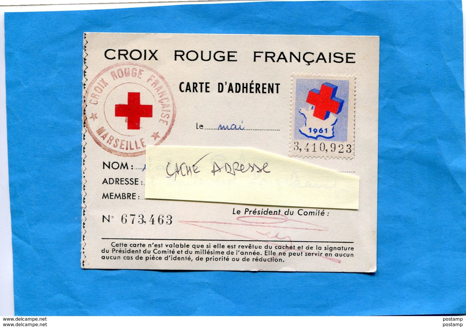 Croix Rouge -Carte D'adhérent Vignette 1961-  Cachet -plus Au Dos Vignette Internationale 3Frs - Croix Rouge