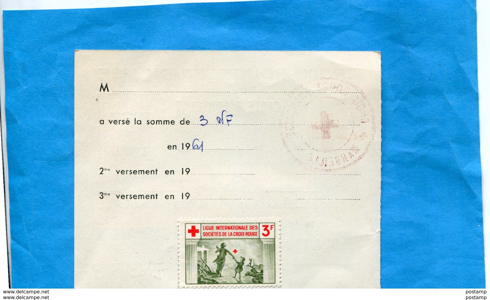 Croix Rouge -Carte D'adhérent Vignette 1961-  Cachet -plus Au Dos Vignette Internationale 3Frs - Croix Rouge