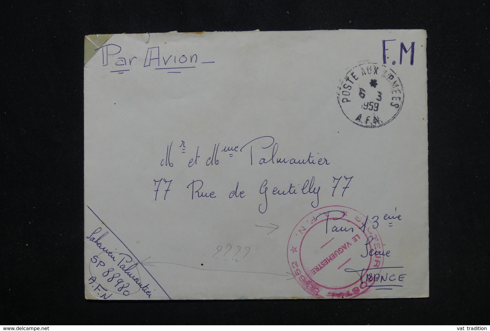 FRANCE / ALGÉRIE - Cachet En Rouge Du Vaguemestre Du SP 88652 Sur Enveloppe En FM En 1959 Pour Paris Par Avion - L 60017 - Oorlog In Algerije