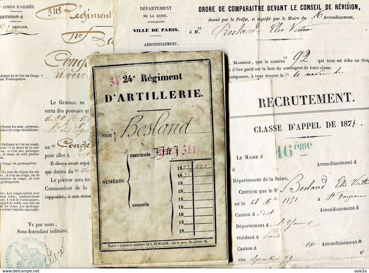 34é Régt Artillerie   Archive Besland Victor Classe 1871 - Documentos