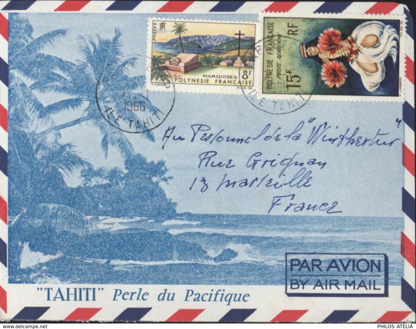 YT 33 + Poste Aérienne N°7 Polynésie Française CAD Papeete Ile Tahiti 7 1 66 Enveloppe Illustrée Tahiti Par Avion - Usados