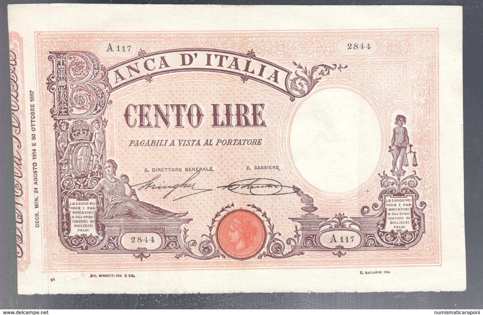 100 LIRE Barbetti Matrice Decreto 24 08 1914 Leggermente Pressato Bel Bb+  LOTTO 3224 - Italia – 5 Lire