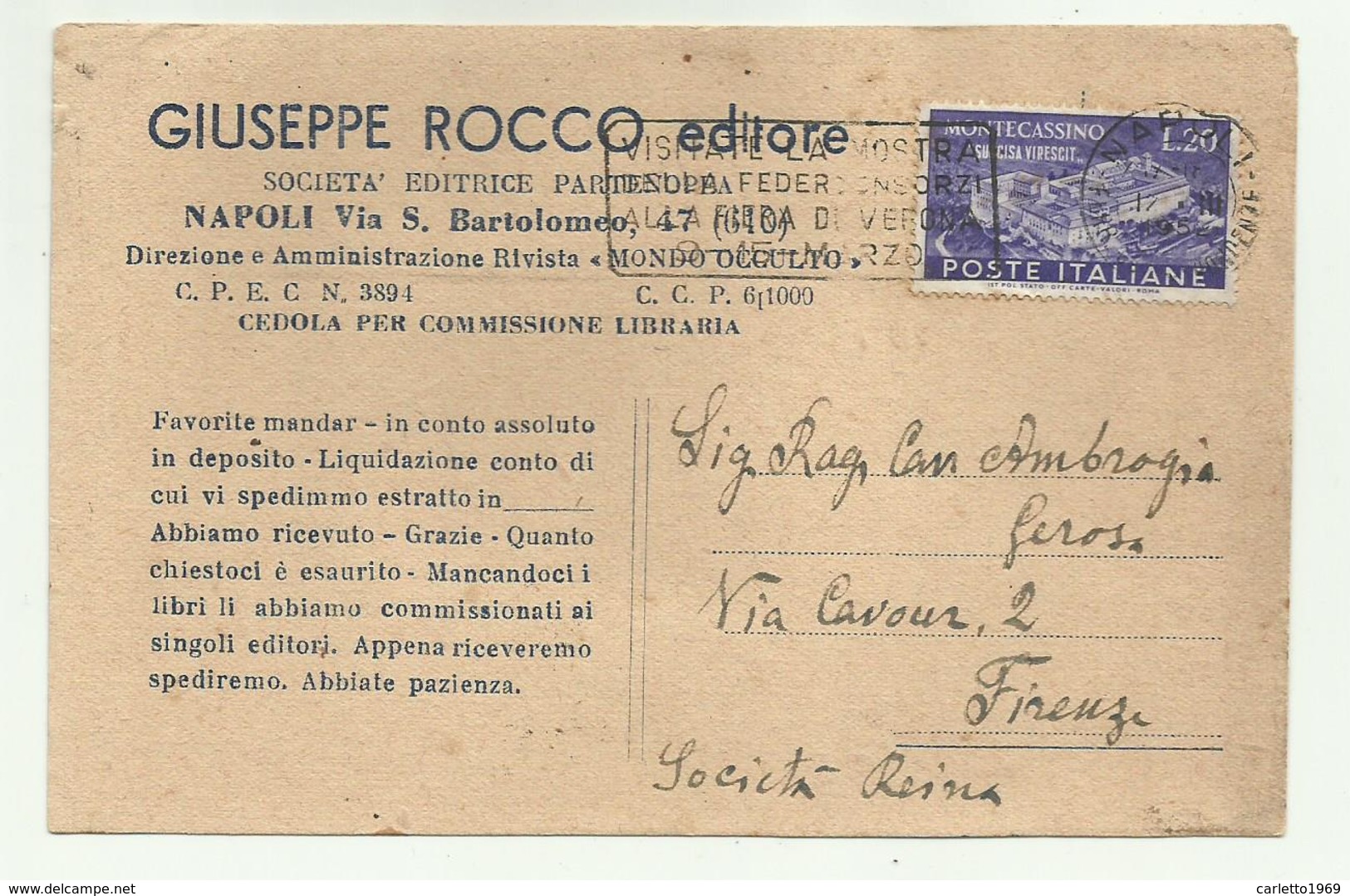 FRANCOBOLLO MONTECASSINO LIRE 20  ANNO 1952 SU CARTOLINA FG - 1946-60: Oblitérés