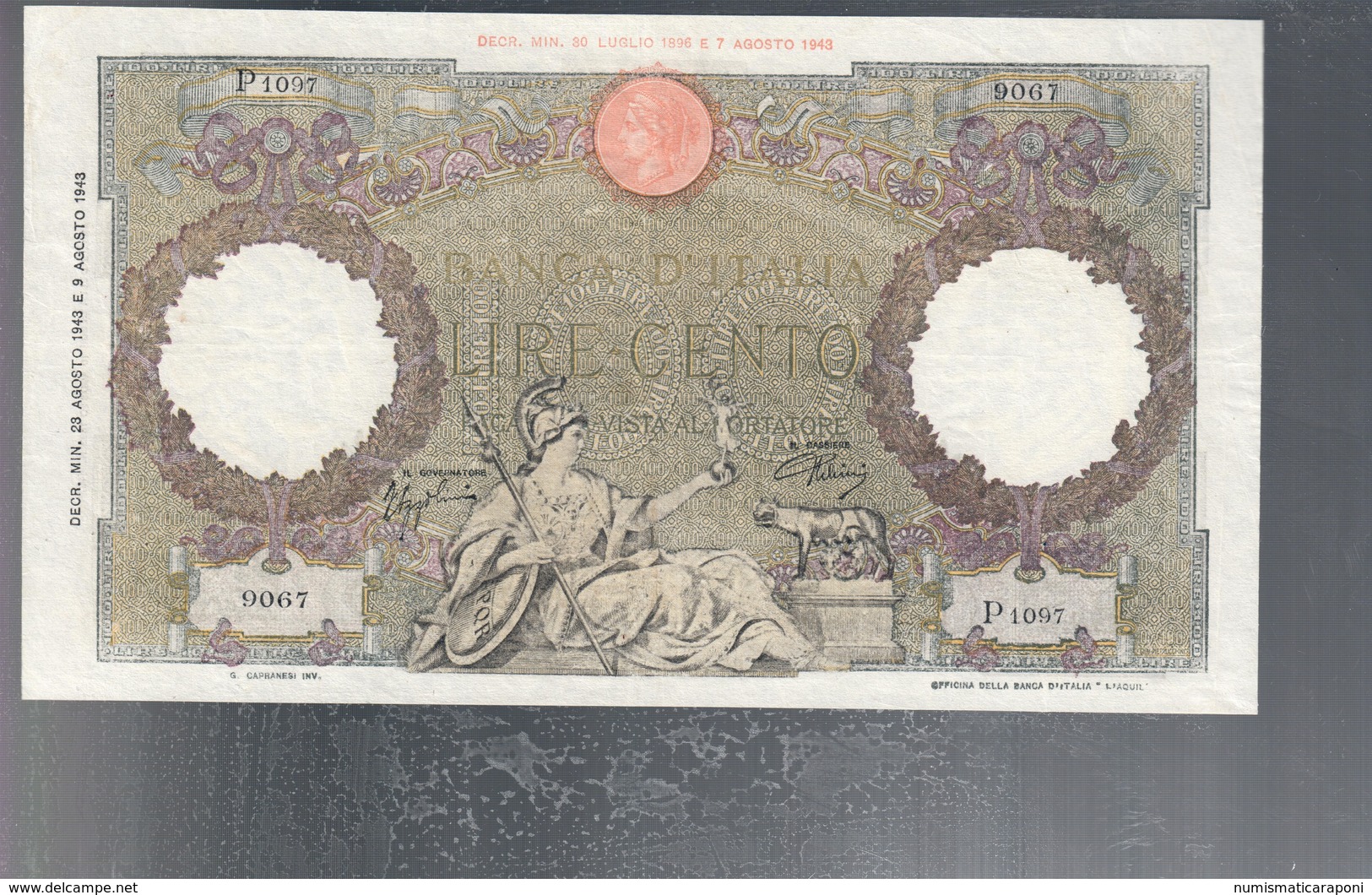 100 LIRE ROMA GUERRIERA L'aquila B.I. 23 08 1943 RARA BB+/q.spl Pressato LOTTO 3225 - 100 Lire