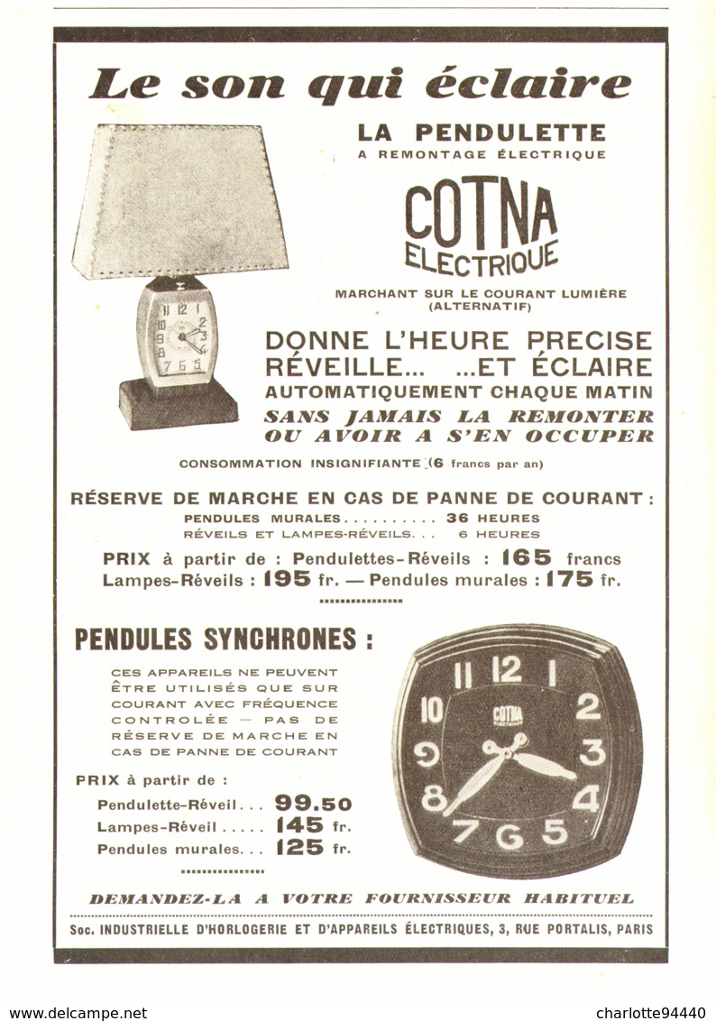 PUB PENDULES ELECTRIQUE  " COTNA  "  1933  ( 1 ) - Wandklokken