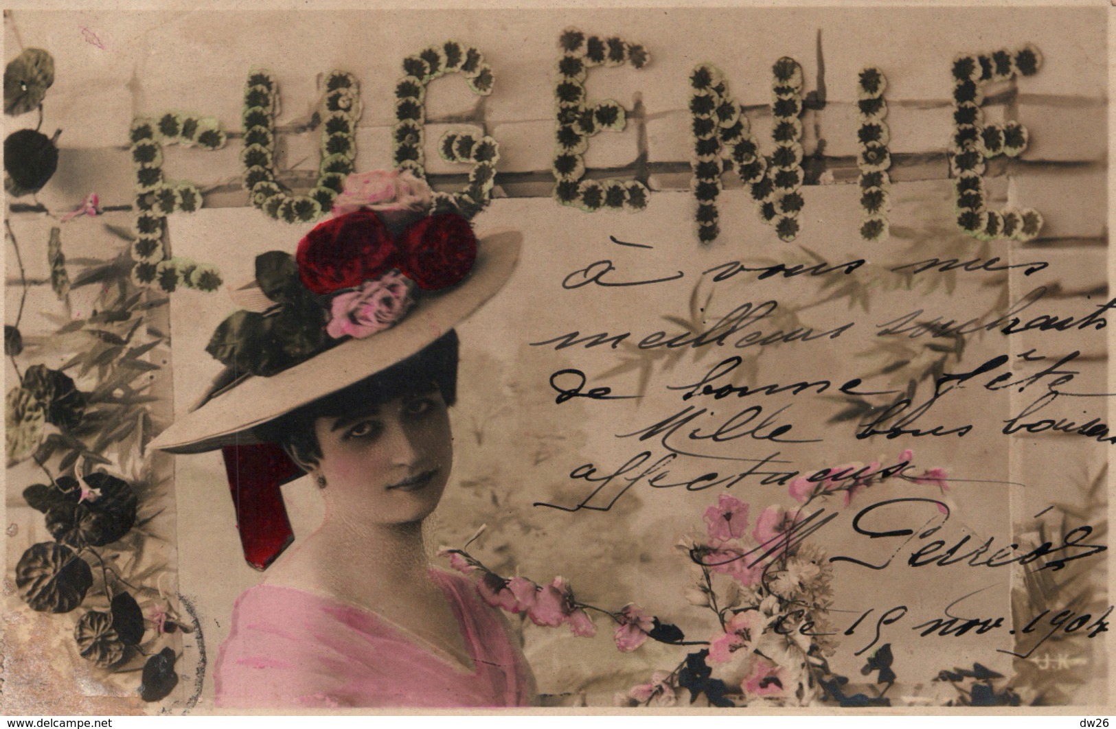 Prénom Eugénie - Jeune Femme Avec Chapeau - Carte J.K. Colorisée Dos Simple 1904 - Prénoms