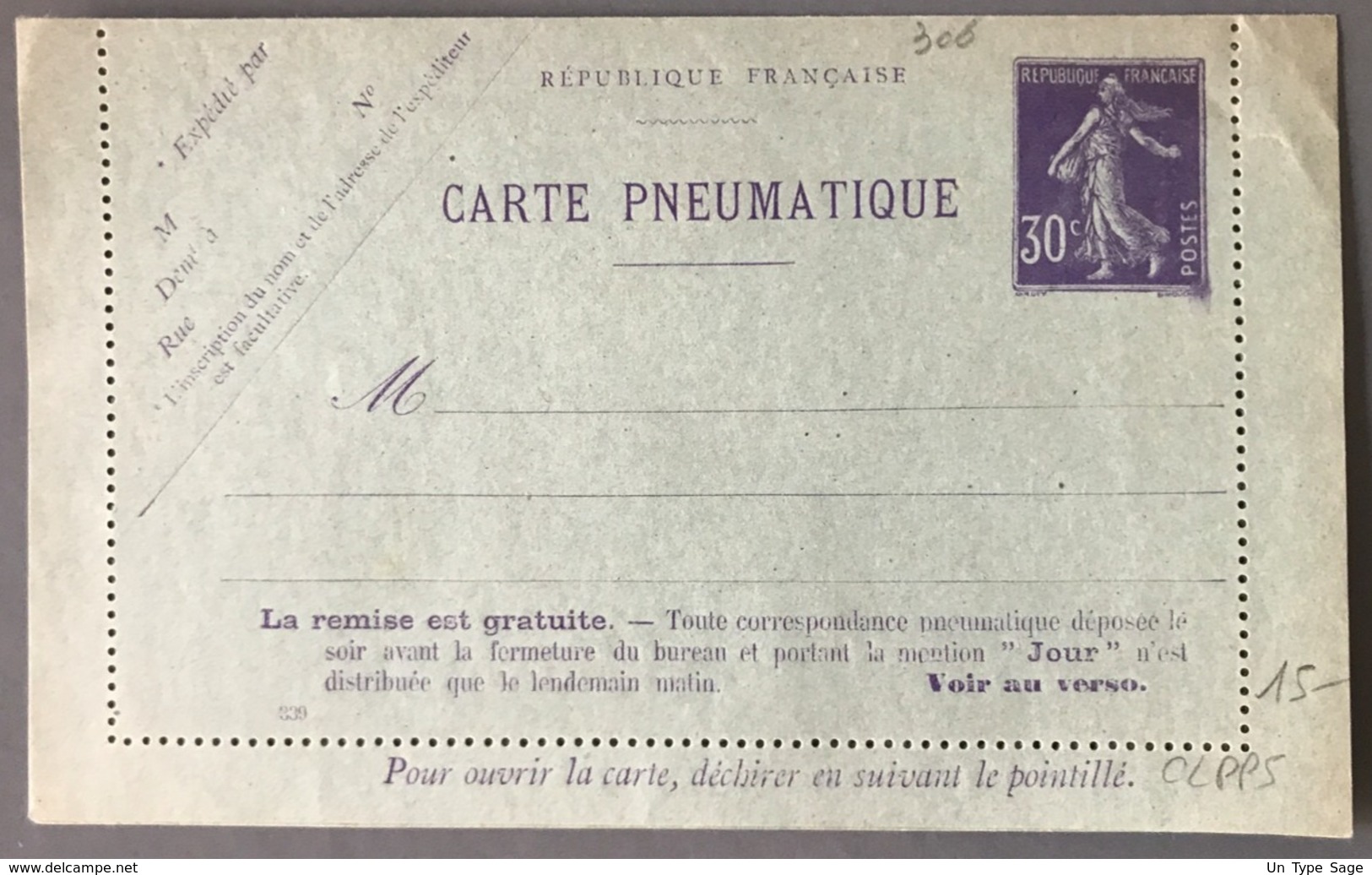 France - Carte Pneumatique Semeuse 30c. (violet) - CLPP5 - (B3330) - Pneumatici