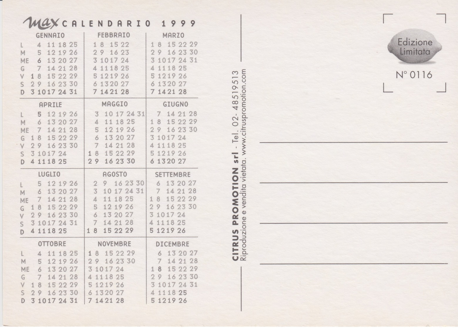 PUBBLICITA' ADVERTISING CARTOLINA CITRUS N°116 - "MAX PRESENTA MONICA BELLUCCI" - CALENDARIO 1999 - Advertising