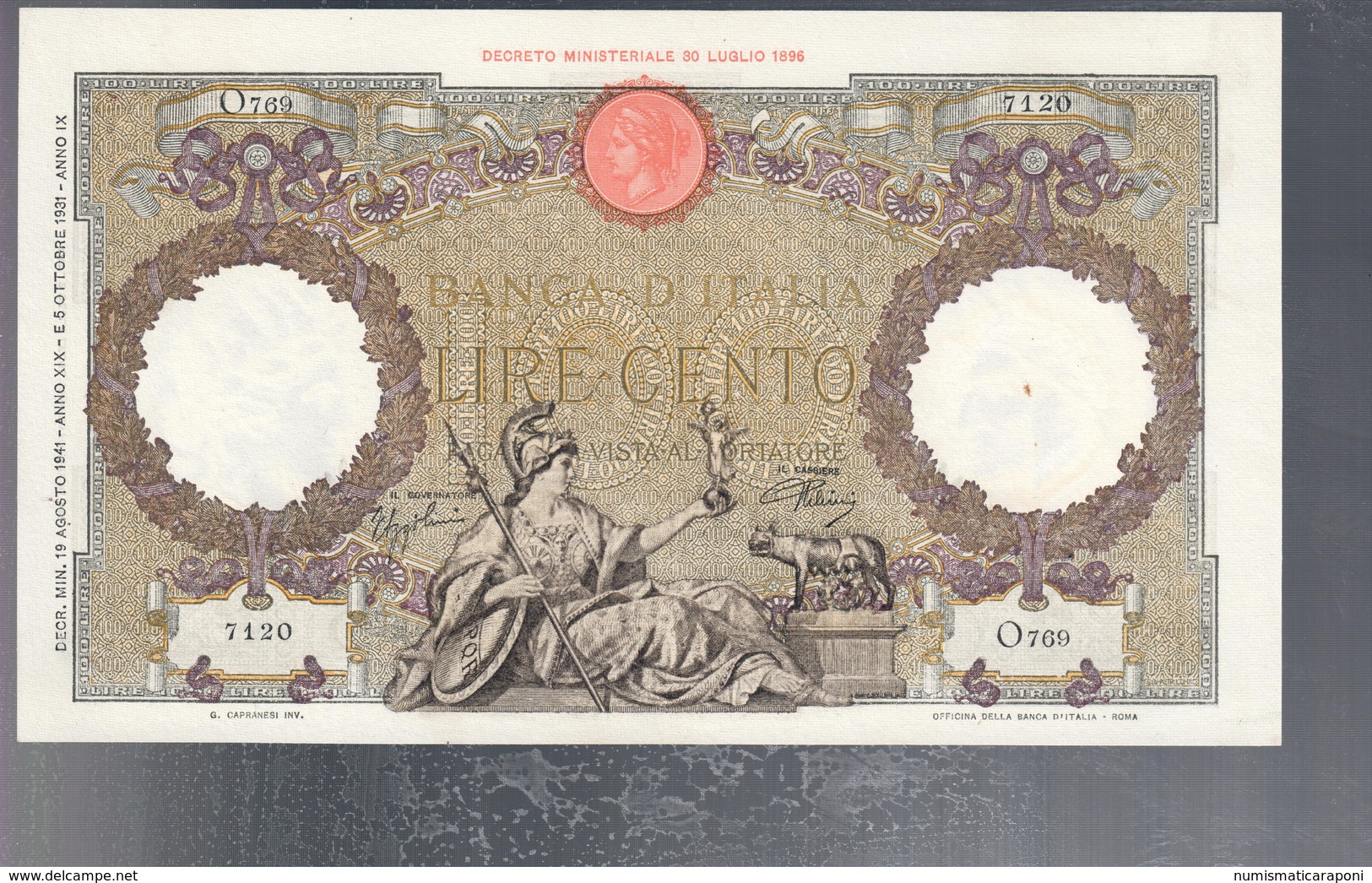 100 Lire Capranesi Roma Guerriera 19 08 1941 Fascio Roma Sup Pressato  LOTTO 3227 - 100 Lire