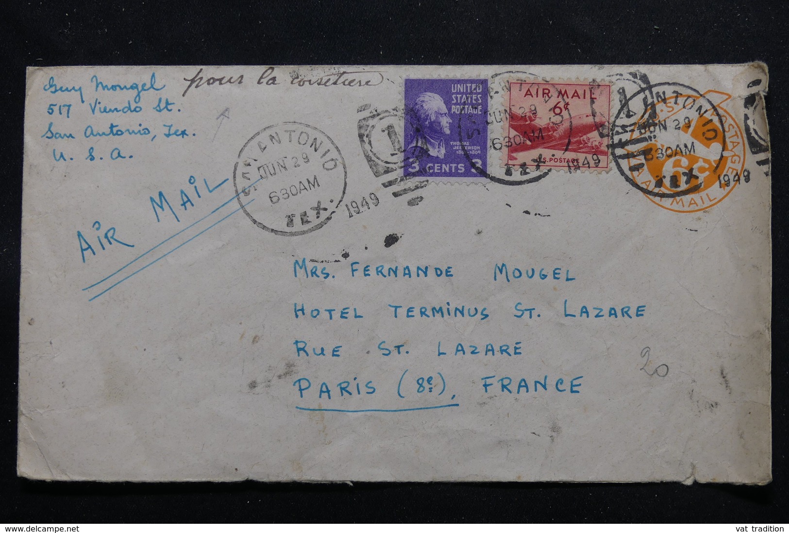 ETATS UNIS - Entier Postal + Compléments De San Antonio Pour  L 'Hôtel Terminus à Paris En 1949 - L 60178 - 1941-60