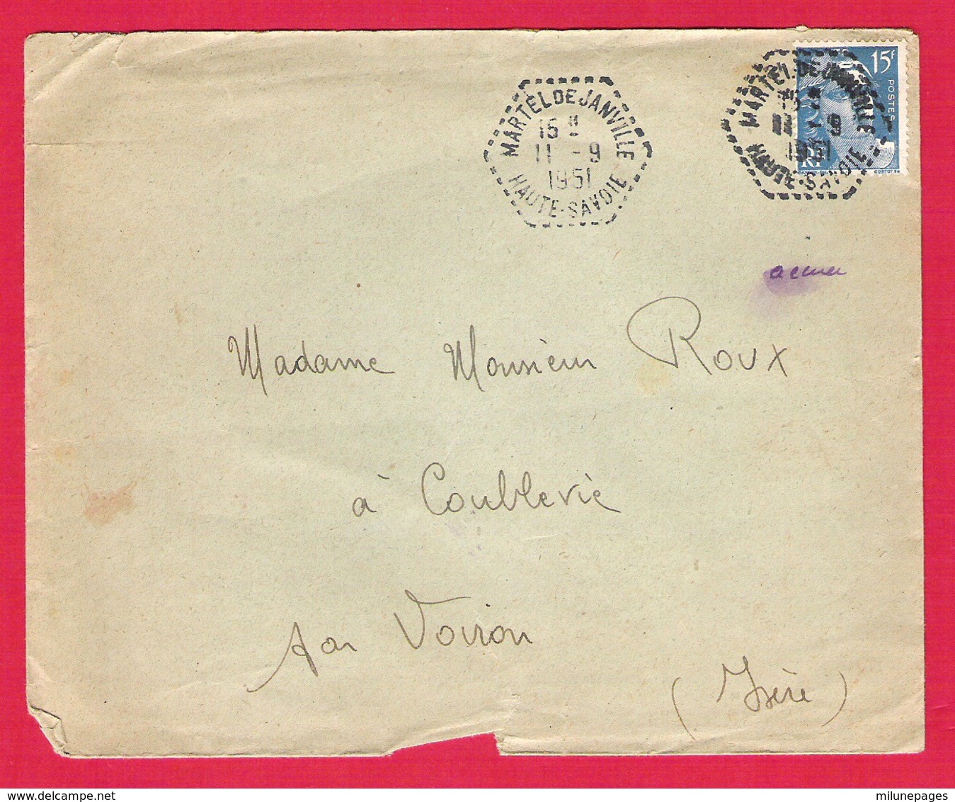 Recette Auxiliaire Rurale RAR Martel De Janville Haute-Savoie Sur Gandon 11-9-1951 Bien Frappé - 1921-1960: Modern Period