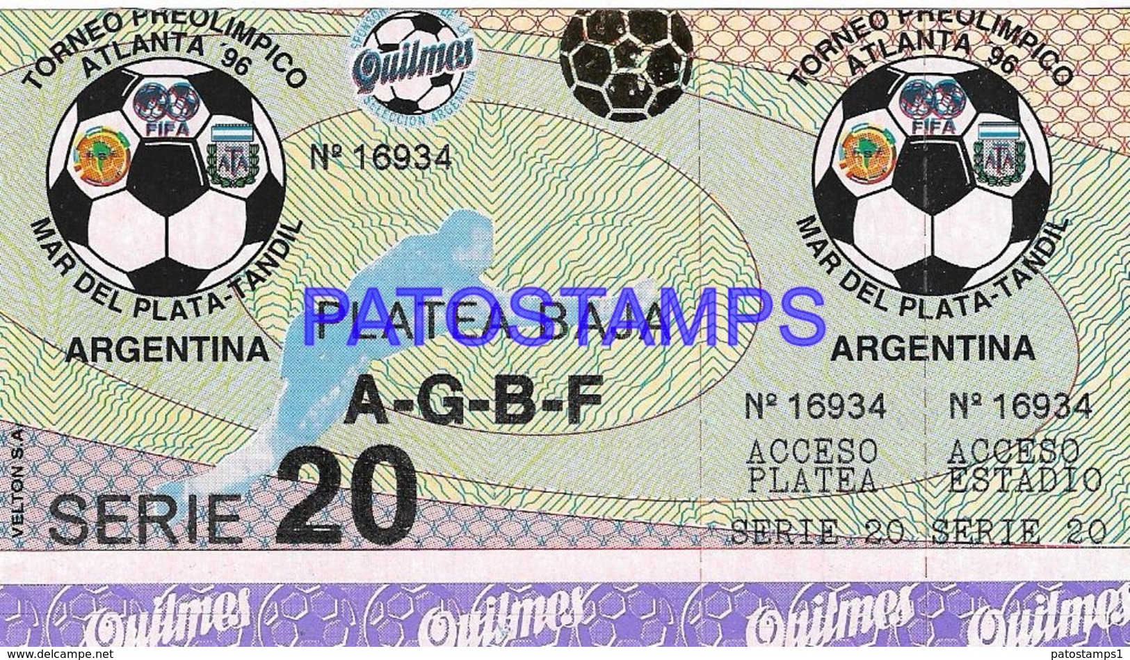 133168 ARGENTINA SPORTS FUTBOL SOCCER TORNEO PREOLIMPICO ATLANTA 96 SERIE 20 PLATEA BAJA ENTRADA TICKET NO POSTCARD - Esgrima