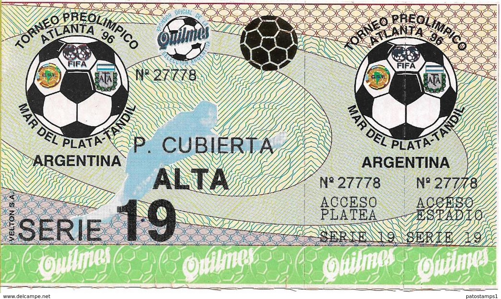 133169 ARGENTINA SPORTS FUTBOL SOCCER TORNEO PREOLIMPICO ATLANTA 96 SERIE 19 P. CUBIERTA ALTA ENTRADA TICKET NO POSTCARD - Esgrima