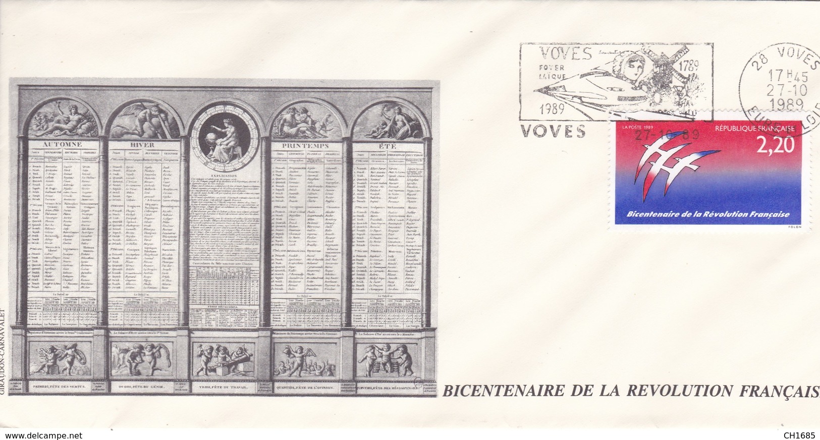 Bicentenaire De La Révolution Française : Folon Sur Enveloppe Grand Format 11 X 22 Oblitération Voves - Franz. Revolution