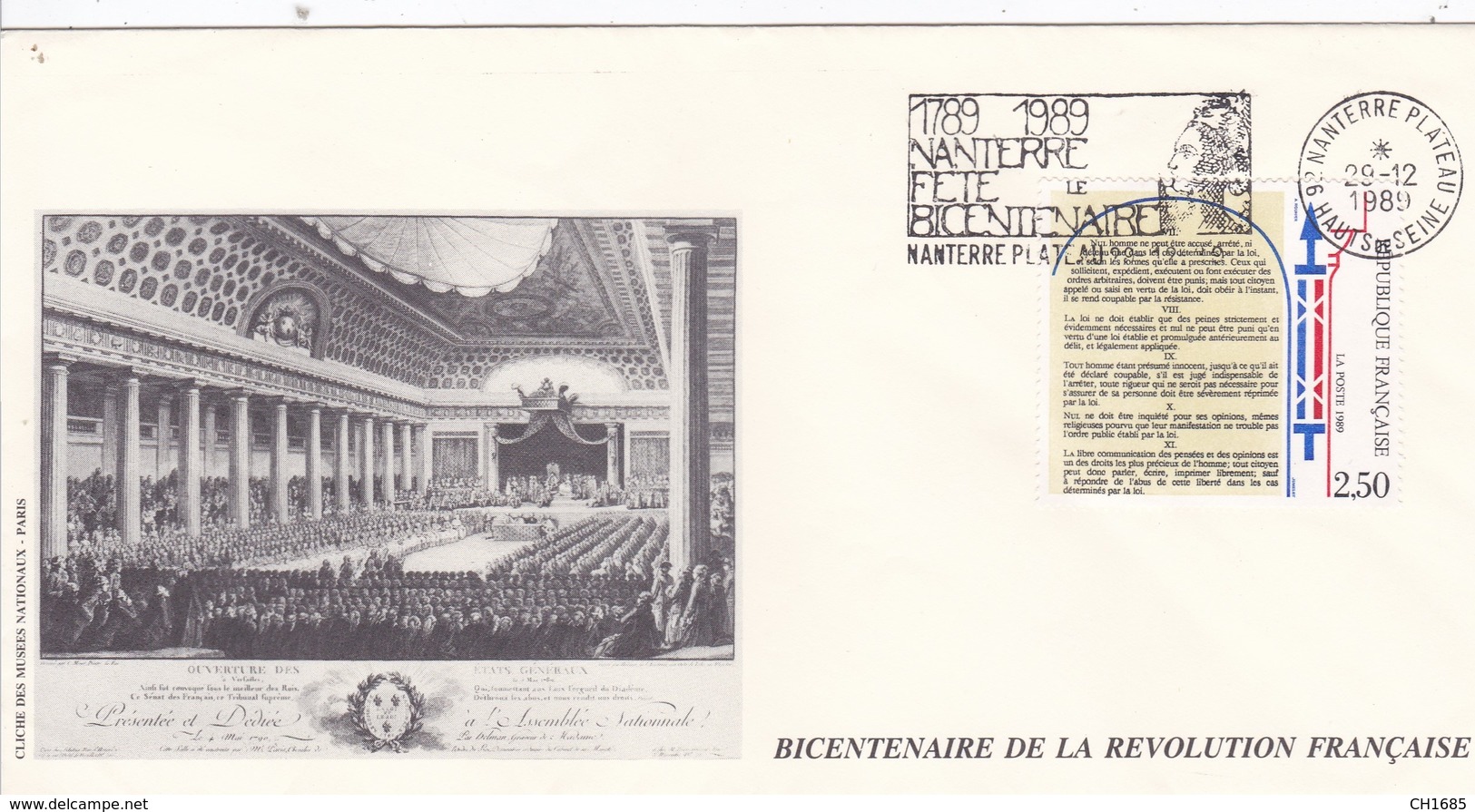 Bicentenaire De La Révolution Française : Droit De L'Homme Sur Enveloppe Grand Format 11 X 22 Oblitération Nanterre - Franz. Revolution