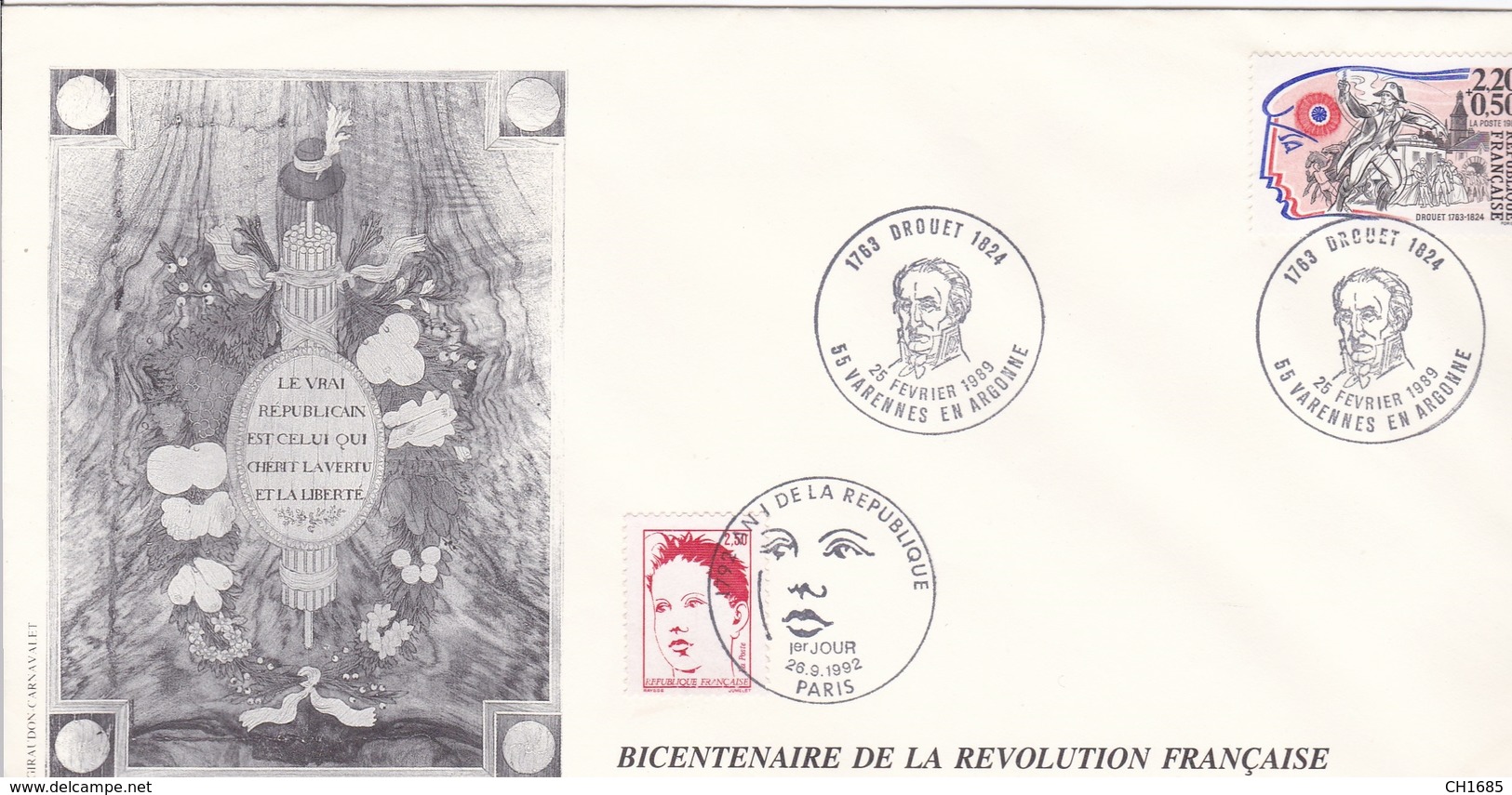 Bicentenaire De La Révolution Française Drouet Et An 1 Sur Enveloppe Format 11 X 22 CaD 1792 An 1 De La République Paris - Franz. Revolution