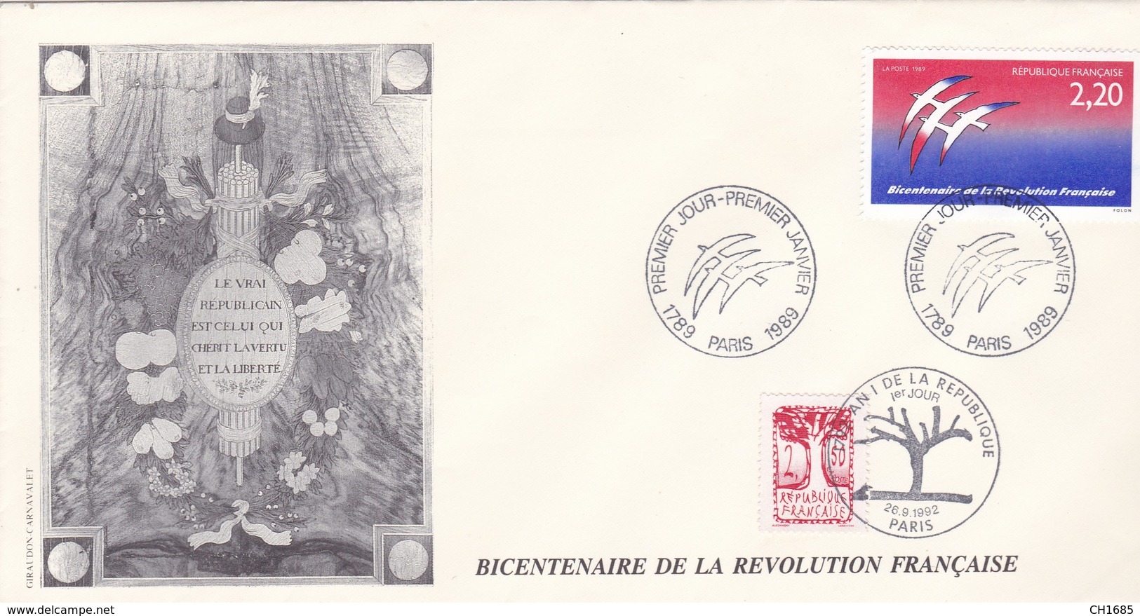 Bicentenaire De La Révolution Française : Folon An 1 Sur Enveloppe Format 11 X 22 CaD 1792 An 1 De La République - Franz. Revolution