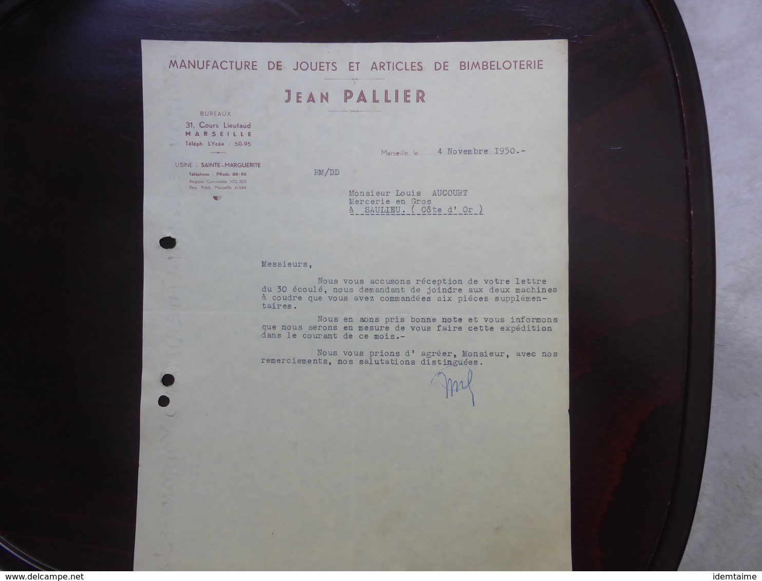 FACTURE - ETS JEAN PALLIER - MANUFACTURE DE JOUETS ET BIMBELOTERIE - MARSEILLE - 04 NOVEMBRE 1950 - 1950 - ...