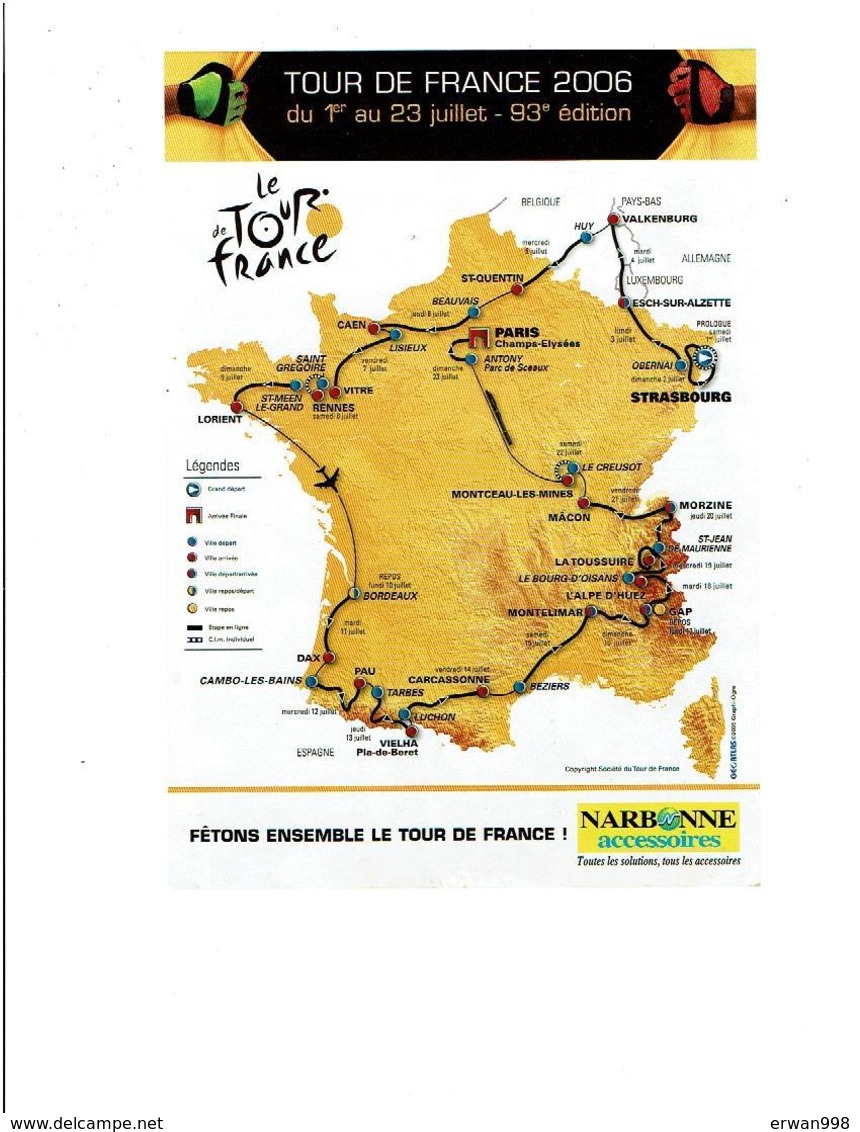 Tour De France 2004 Carte Dynapost & Tour 2006 Publicité NARBONNE Avec  Tracé Du Parcours -  (178) - Cyclisme