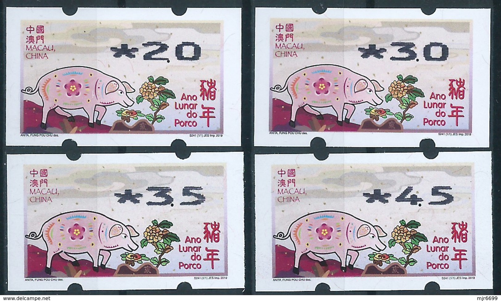 MACAU 2019 ZODIAC YEAR OF THE PIG ATM LABELS NAGLER BOTTOM SET OF 4 VALUES - Automatenmarken