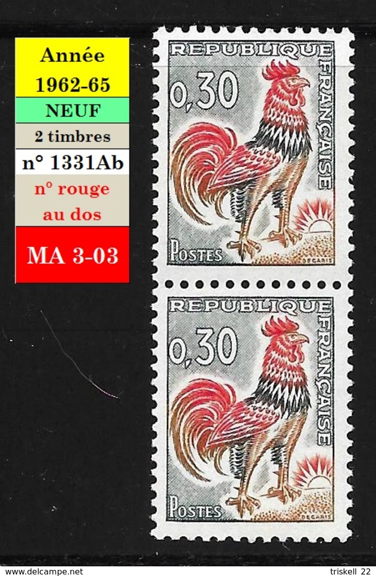 Coq De Decaris 1331Ab ** - Paire De Timbres Neufs De Roulette N° Rouge 900 - 1962-1965 Coq De Decaris