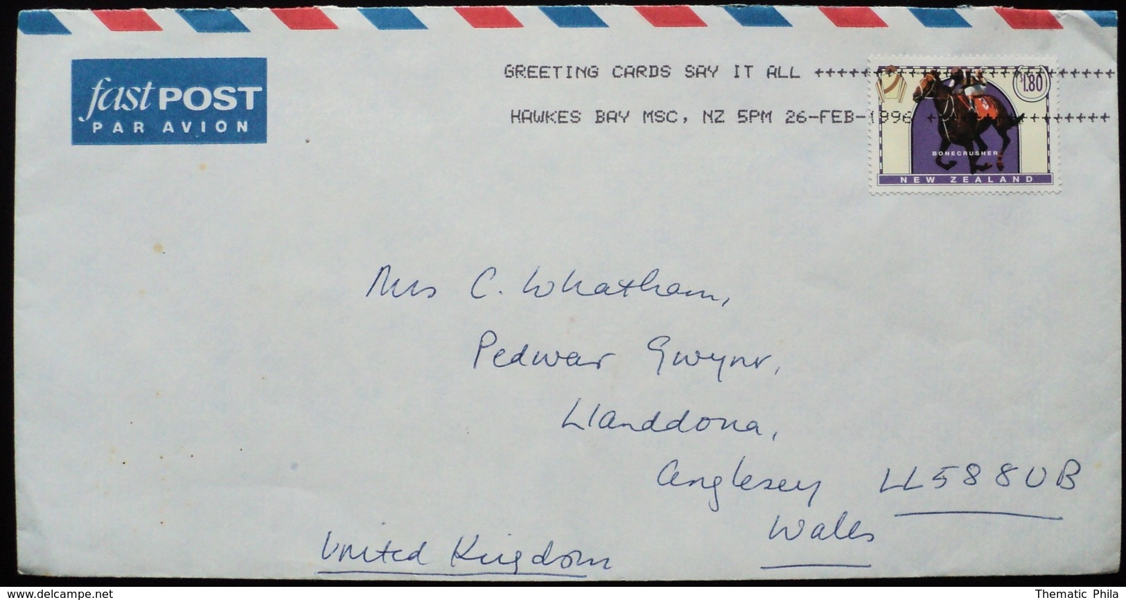 1996 New Zealand Circulated Cover To Wales Turf Horse Caballo Pferd Cheval - Horse Race Racing Jockey - Lettres & Documents