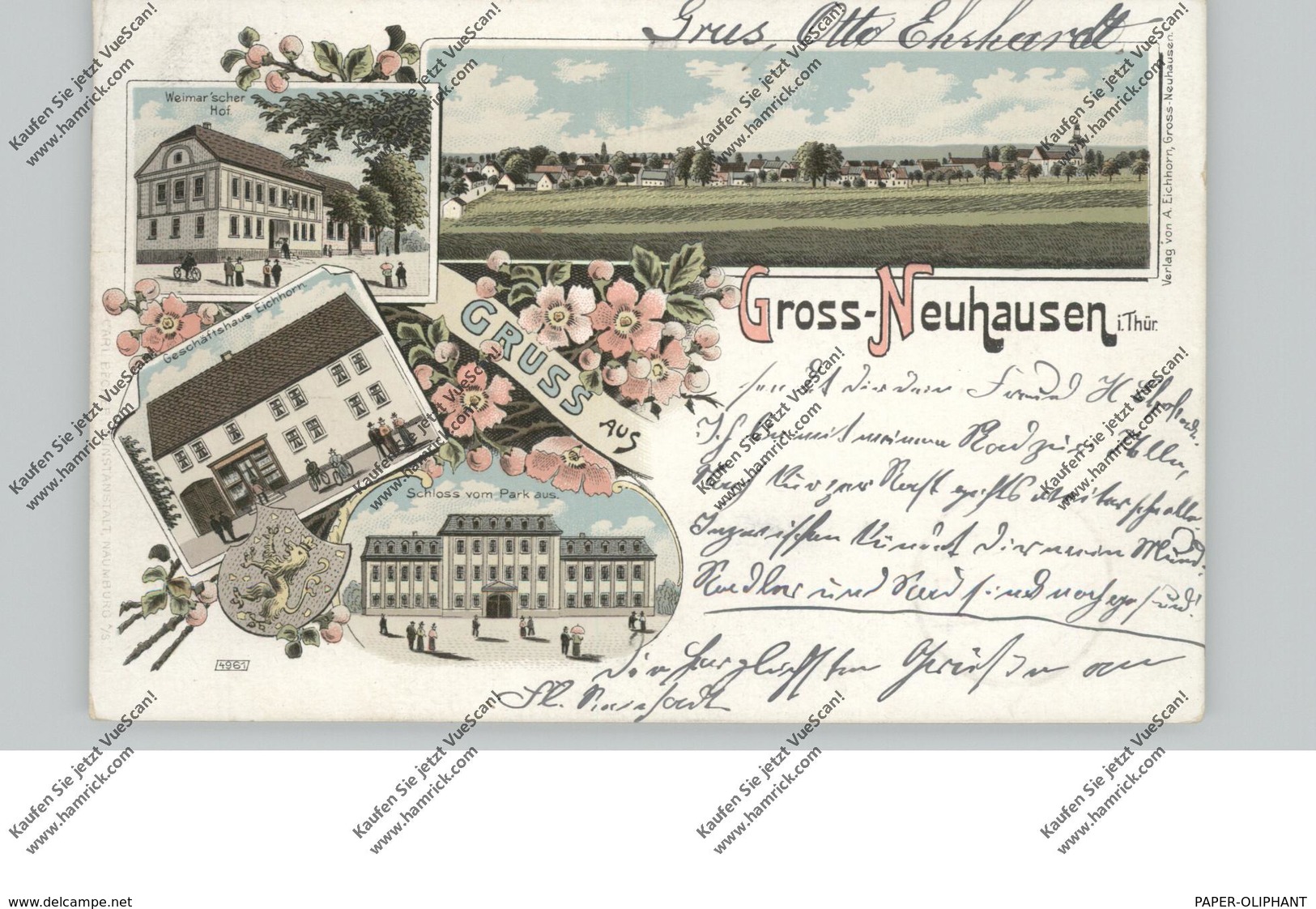 0-5234 KÖLLEDA - GROSSNEUHAUSEN, Lithographie, Geschäftshaus Eichhorn, Weimar'scher Hof, Schloss, Gesamtansicht - Soemmerda