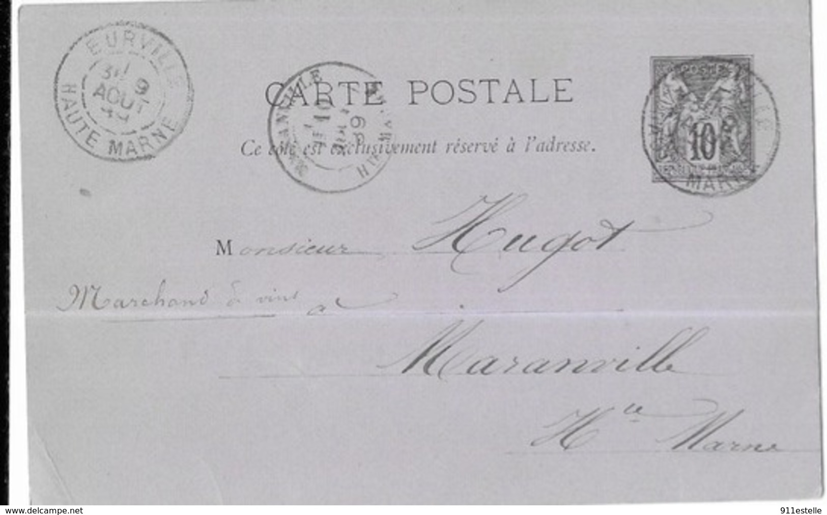 52   EURVILLE  - ENTIER POSTAL 10c NOIR / LILAS, 1889 - Lots Et Collections : Entiers Et PAP