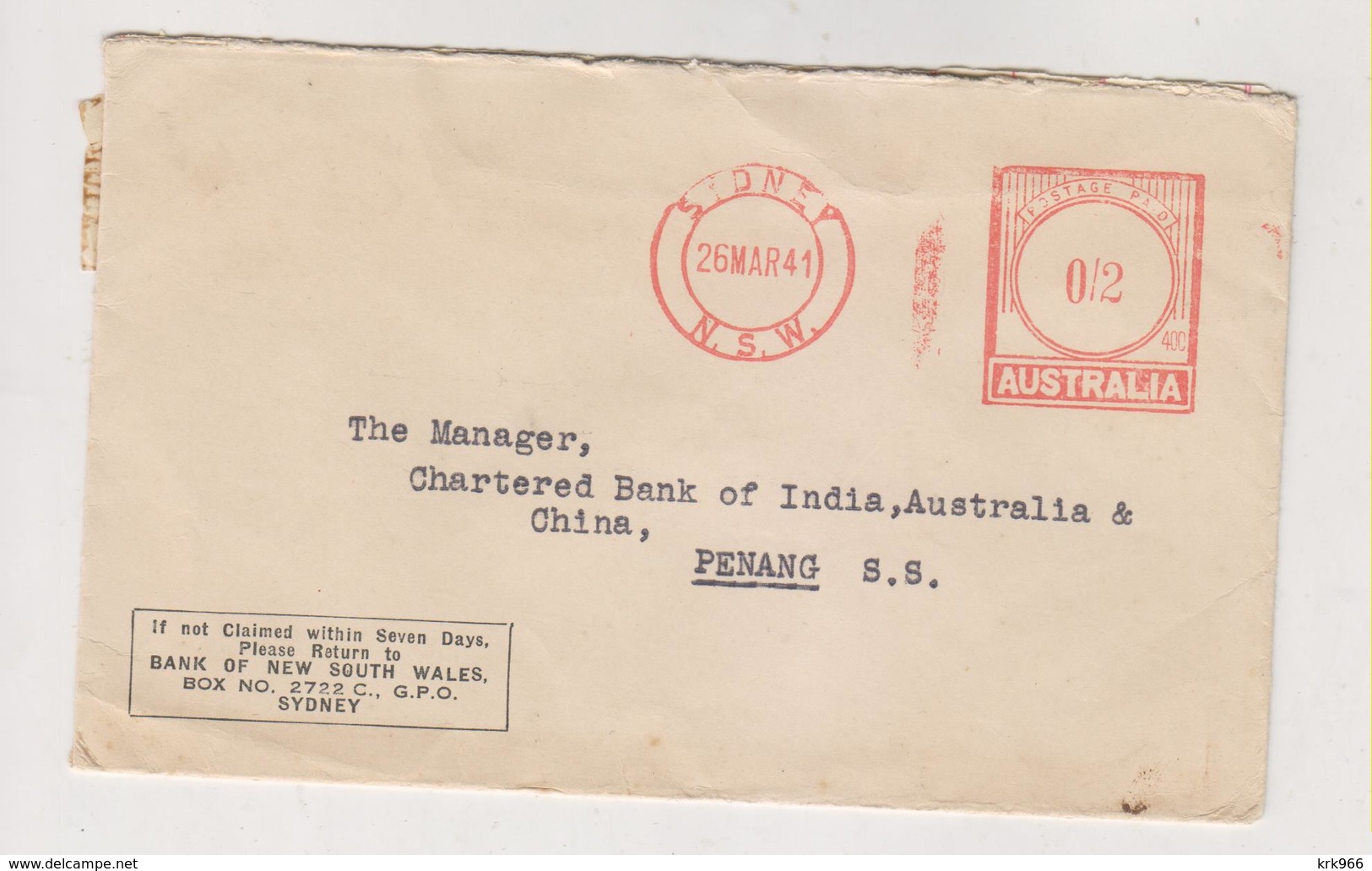 AUSTRALIA,1941 SYDNEY Nice Cover To PENANG - Covers & Documents