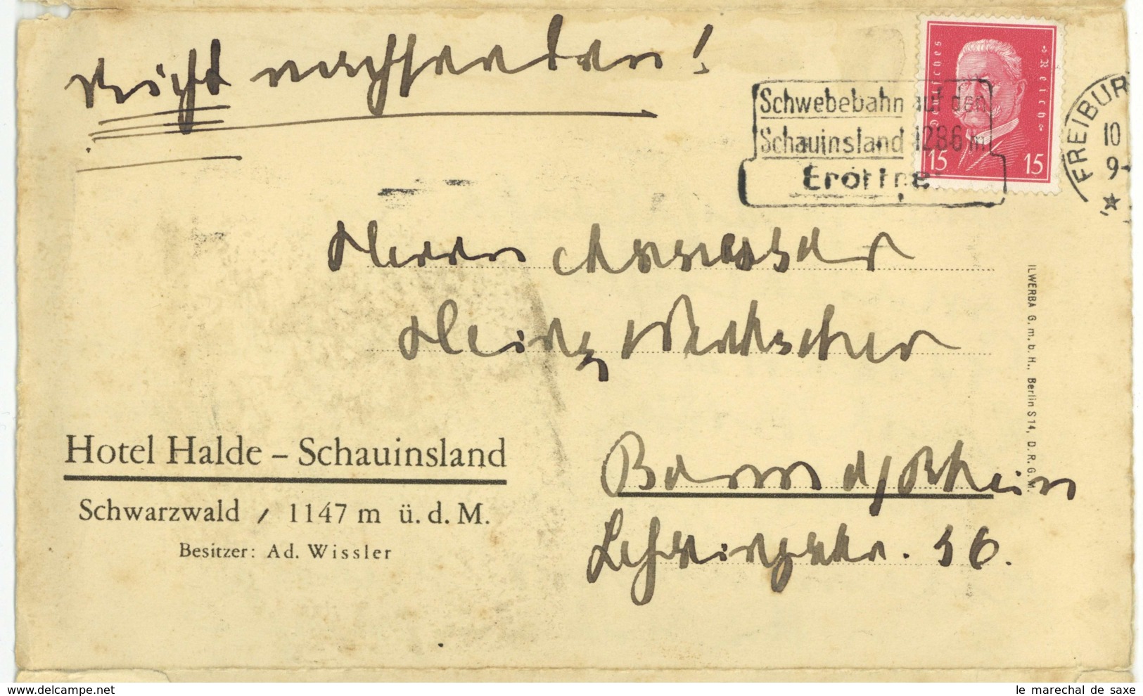 Schauinsland Freiburg Breisgau Hotel Halde Schwarzwald 1920er Jahre Nach Bonn - Freiburg I. Br.