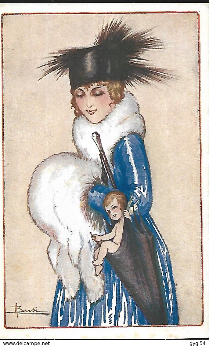 Busi Adolfo Illustrateur Italien 1920 Cupidon Accompagnant  La  Femme Au Parapluie Fermé - Busi, Adolfo