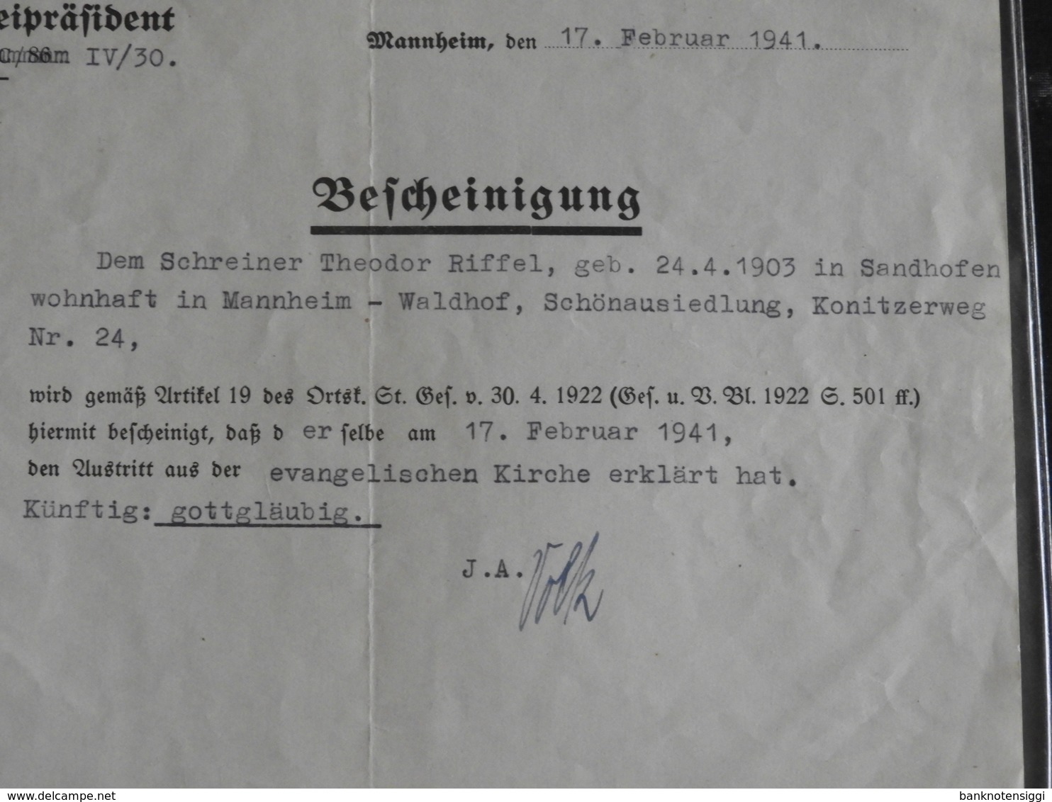 Bescheinigung Kirchen Austritt Mannheim 1941 - Other & Unclassified