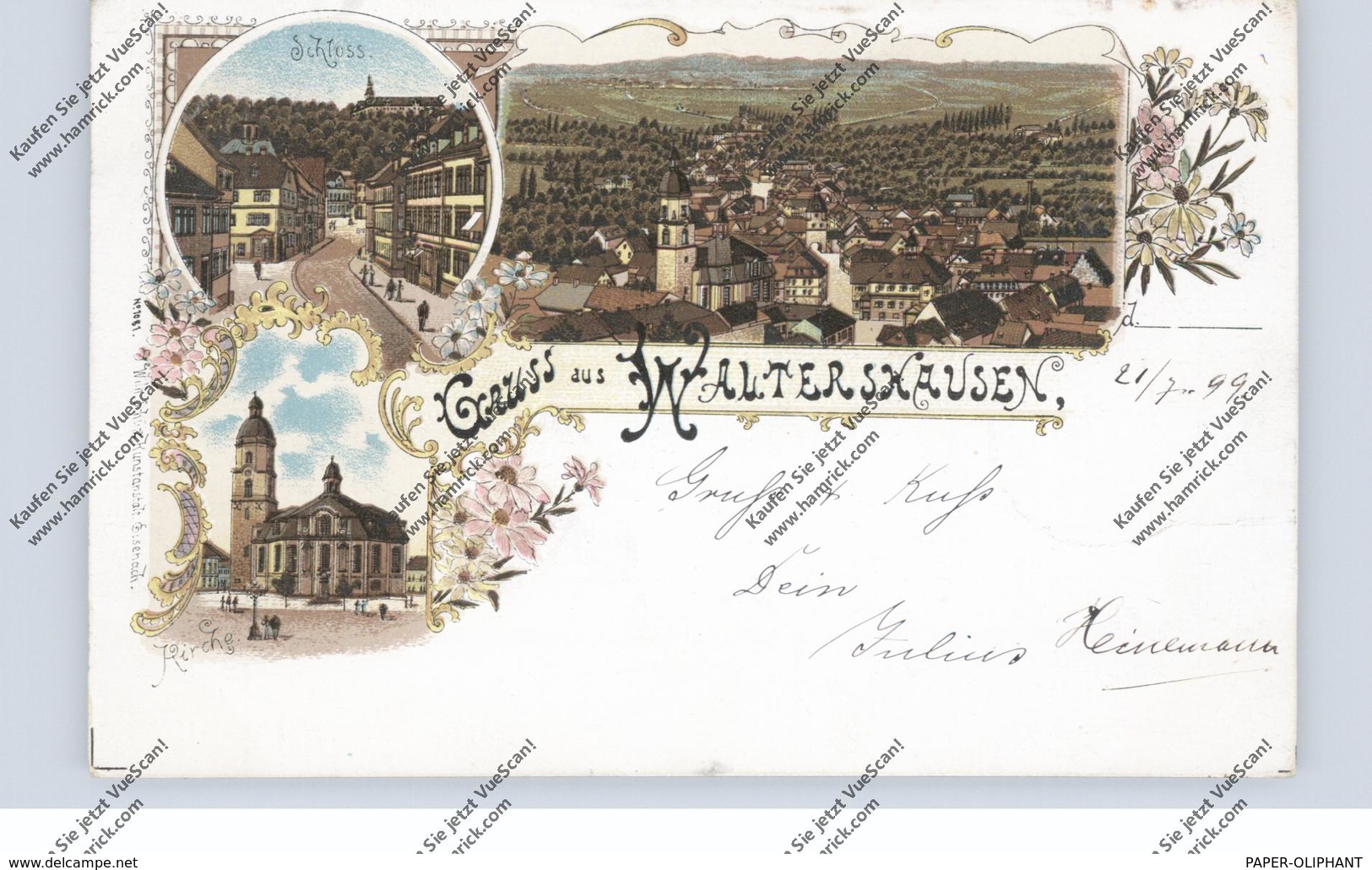 0-5812 WALTERSHAUSEN, Lithographie 1899, Schloss, Kirche, Gesamtansicht - Waltershausen