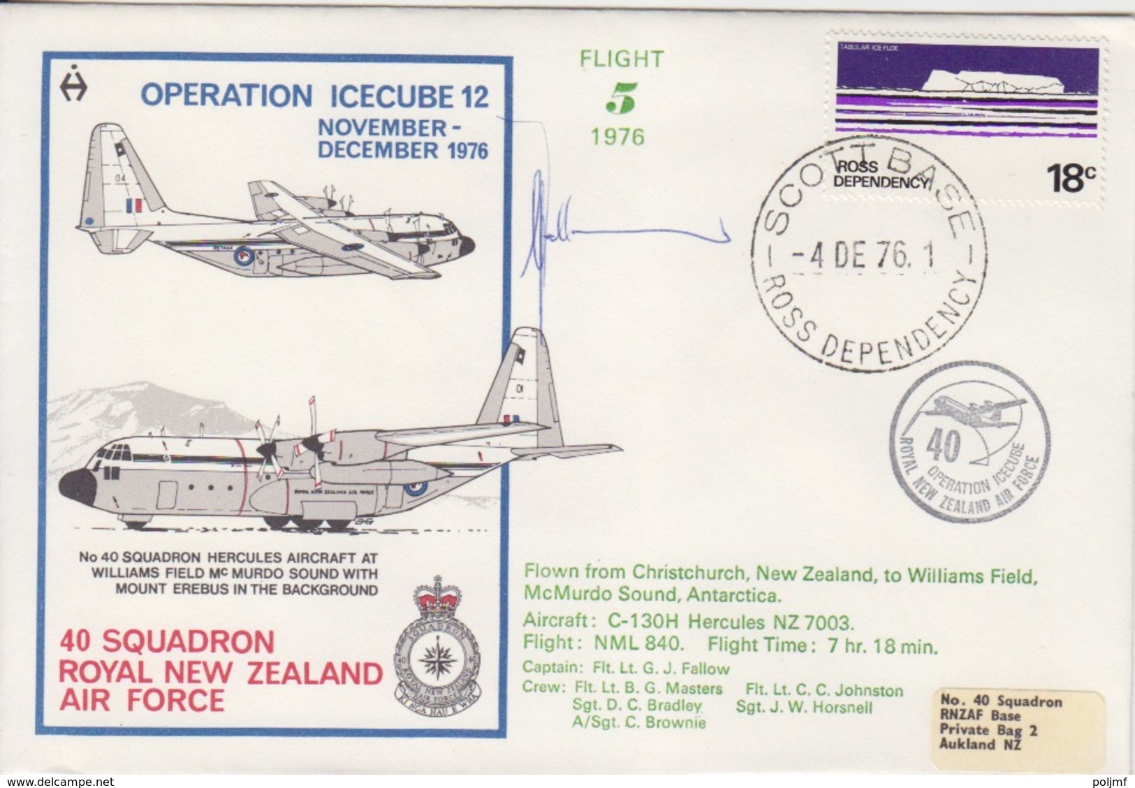 Polaire Néozélandais, N° 14 Obl. Scott-Base Le 4 DE 76 + Flight 5 Opération Icecube 12 + 3 Cachets Au Dos - Covers & Documents