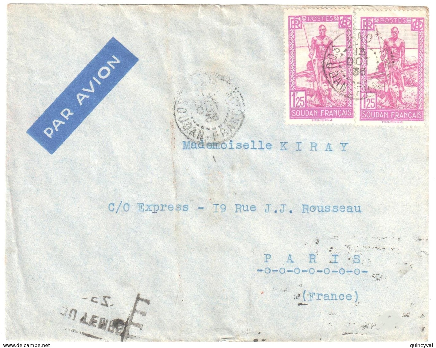 GAO Soudan Français Lettre PAR AVION Ob 10 10 1936 Arrivée Verso 17/10/1936 1,25f Batelier Niger Yv 80 - Storia Postale