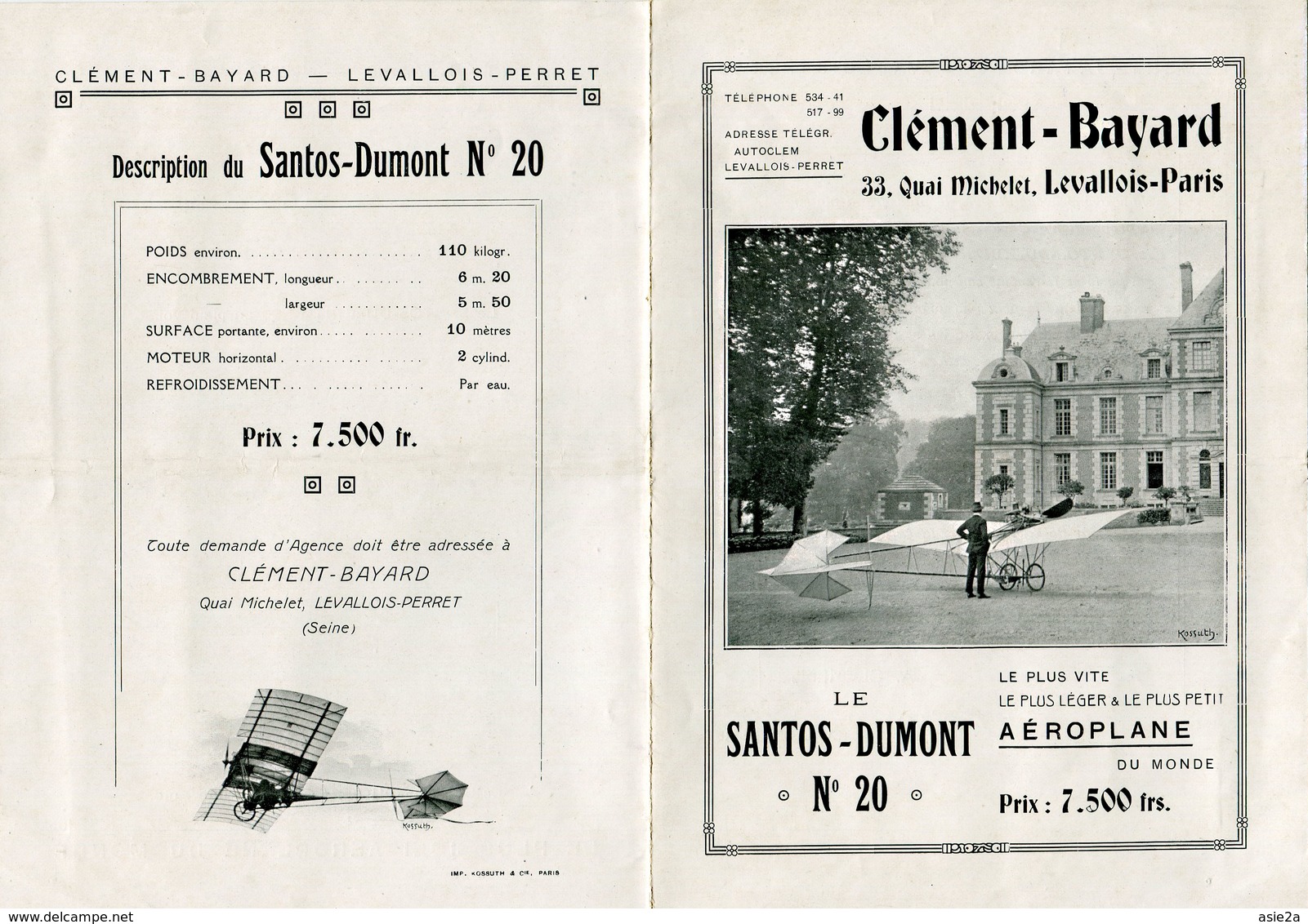 2 Brochures  AEROPLANE  SANTOS-DUMONT N°20  CLEMENT-BAYARD 1911 - Vliegtuig