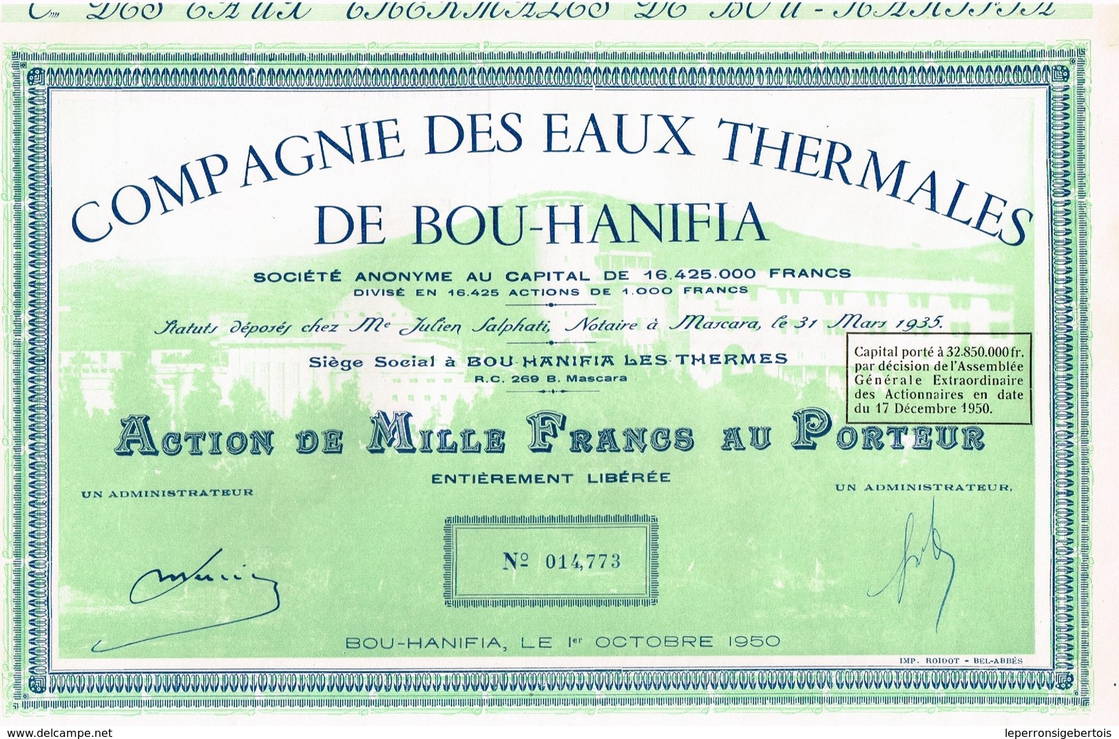 Titre Ancien - Compagnie Des Eaux Thermales De Bou-Hanifia - Société Anonyme - Titre De 1950 N° 014773 VF *** - Water