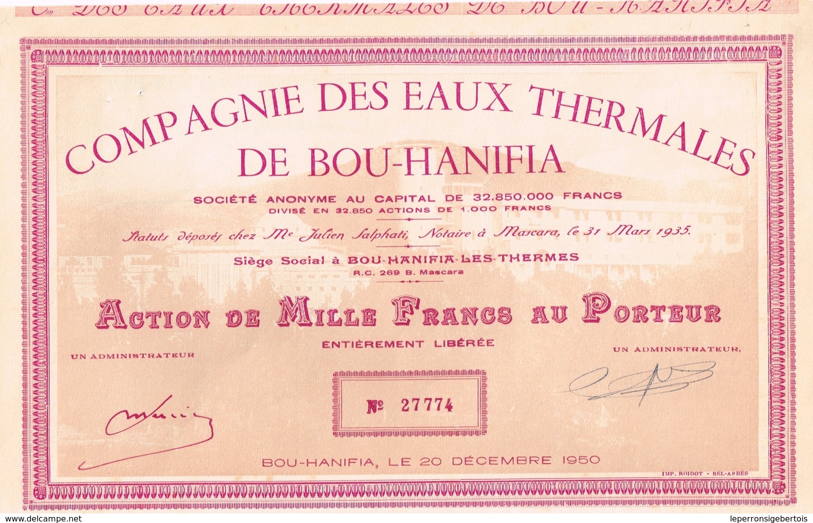 Titre Ancien - Compagnie Des Eaux Thermales De Bou-Hanifia - Société Anonyme - Titre De 1950 N° 27774 VF *** - Acqua