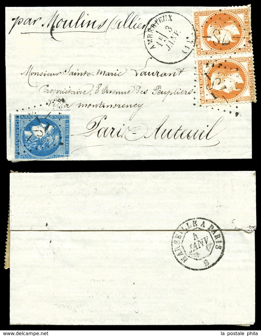 O 20c Bordeaux T II (def) Et 40c Lauré En Paire Obl GC 78 Càd AMBERIEUX Le 3 Janvier 1871 Sur Lettre Manuscrite, Au Vers - War 1870