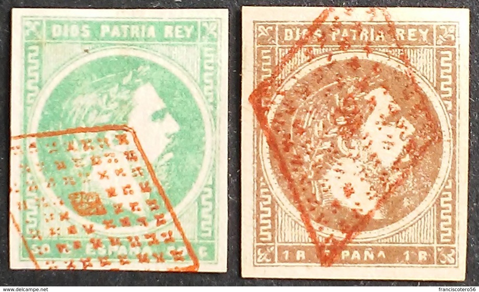 España: Año. 1875 - Correo Carlista, Carlos VII. 2/Val. Lujo, C.P.T.A. Matasellos Rombos, De Puntos En Rojo De Lastaola - Carlisti